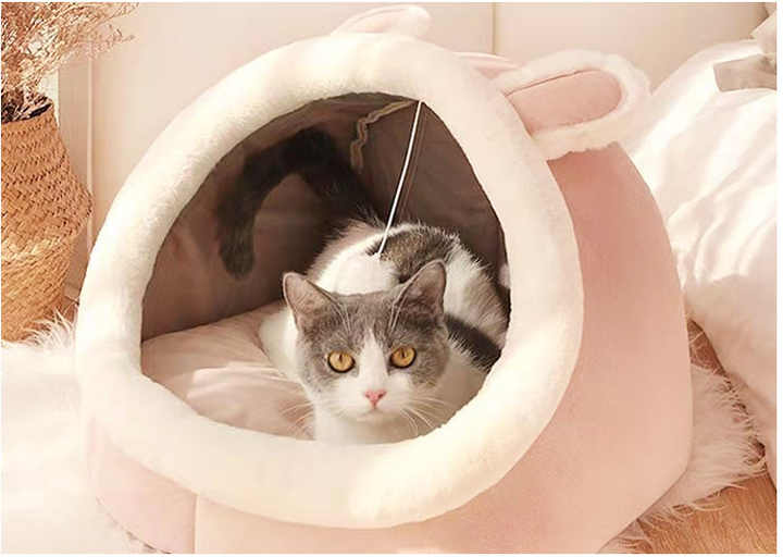 Pink Grey Yellow Cat Bed Cute Shape Design